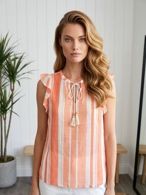 Harve Bernard Sleeveless Orange and White Striped Tassel Tie Top Women’s Size L